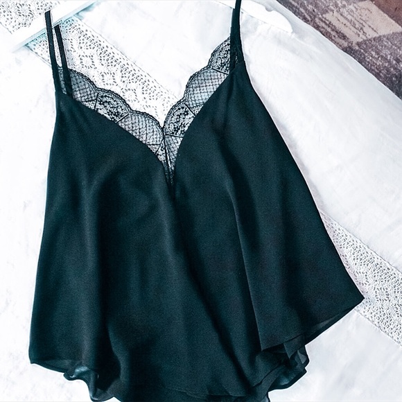 Black Mesh Lace V Neck Swing Spaghetti Cami Top - Picture 2 of 6